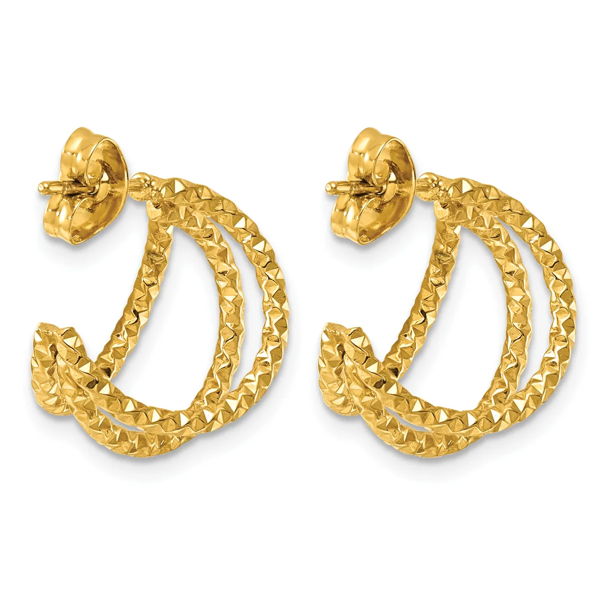 Pair of gold textured hoop earrings with a twisted double-strand design and post backs, displayed against a white background.