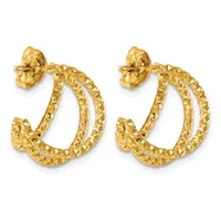 Pair of gold textured hoop earrings with a twisted double-strand design and post backs, displayed against a white background.