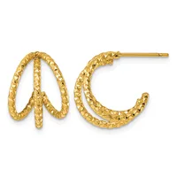 Pair of gold textured hoop earrings with a dimpled surface finish, shown from the front and side view against a white background.