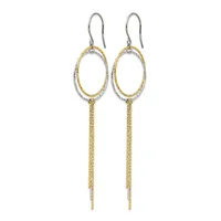 Pair of two-tone dangle earrings featuring oval loops in gold and silver with matching tassel chains hanging below, displayed against a white background.