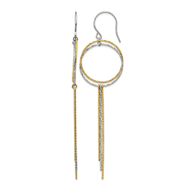 Two-tone textured dangle earrings with a circular hoop at the top and long chain fringe below, shown on a white background.