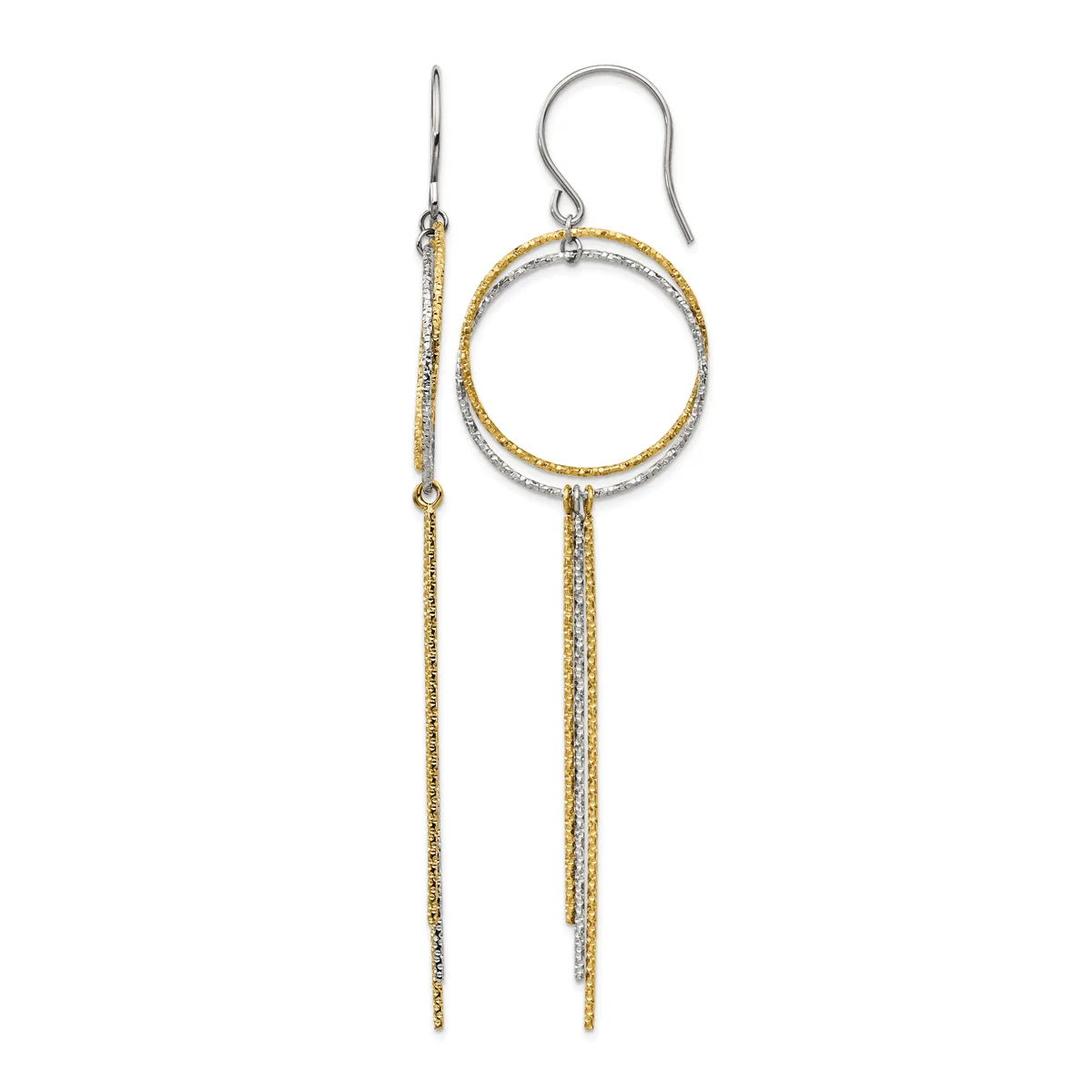Two-tone textured dangle earrings with a circular hoop at the top and long chain fringe below, shown on a white background.