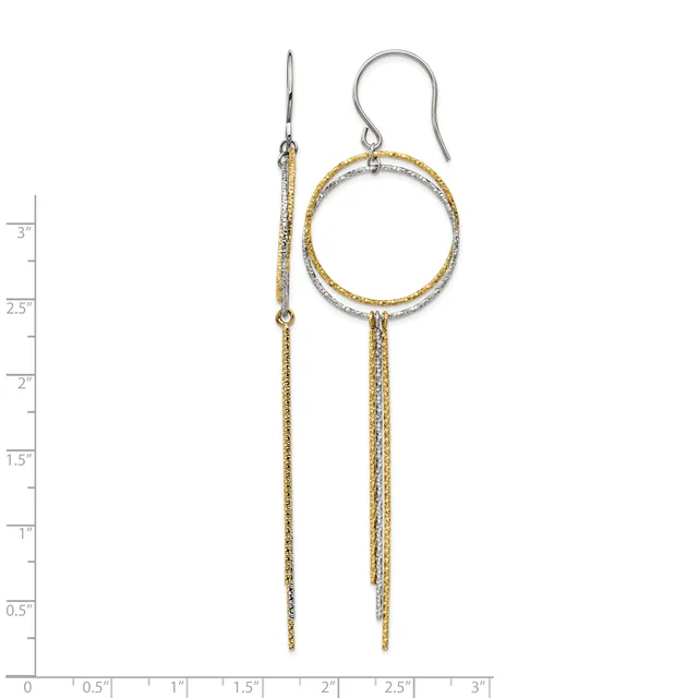 A pair of two-tone dangle earrings with gold mesh chains and silver-toned circular hoops, displayed on a measurement scale.