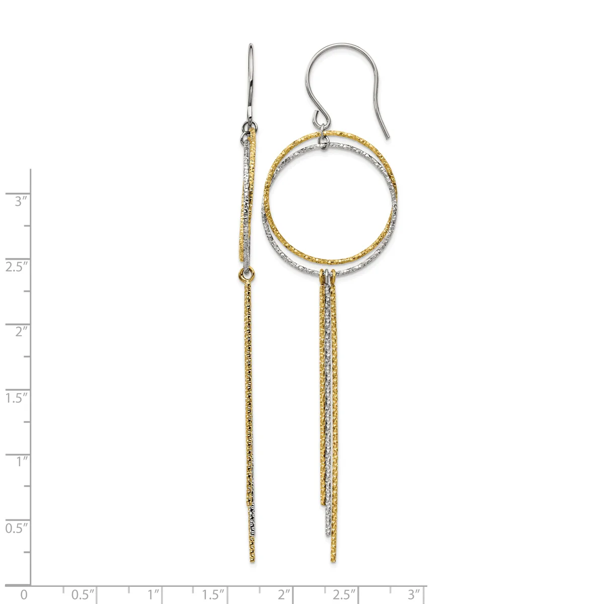 A pair of two-tone dangle earrings with gold mesh chains and silver-toned circular hoops, displayed on a measurement scale.