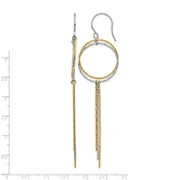 A pair of two-tone dangle earrings with gold mesh chains and silver-toned circular hoops, displayed on a measurement scale.