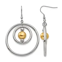 Pair of silver-toned dangle earrings with concentric circular rings and a gold-toned sphere at the center, shown from front and side views.