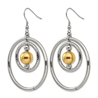 A pair of silver-toned dangle earrings with concentric oval rings and a gold-colored spherical bead suspended in the center.