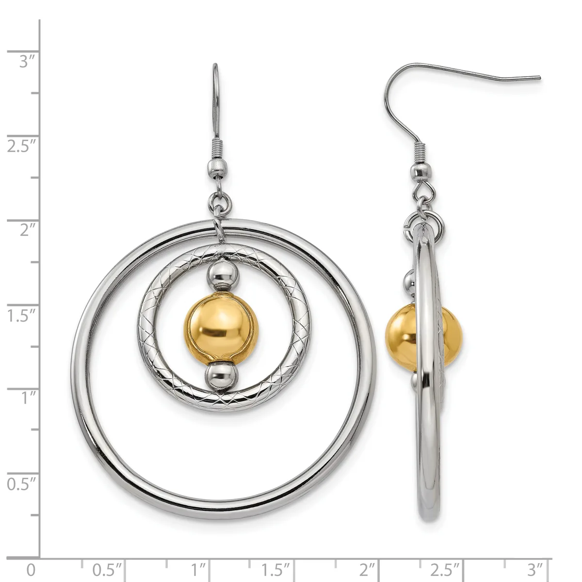 Pair of two-tone dangle earrings featuring concentric silver circles with a gold sphere at the center, shown front and side view against a measurement scale.