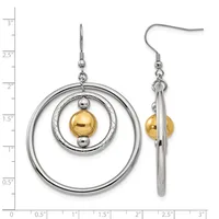Pair of two-tone dangle earrings featuring concentric silver circles with a gold sphere at the center, shown front and side view against a measurement scale.