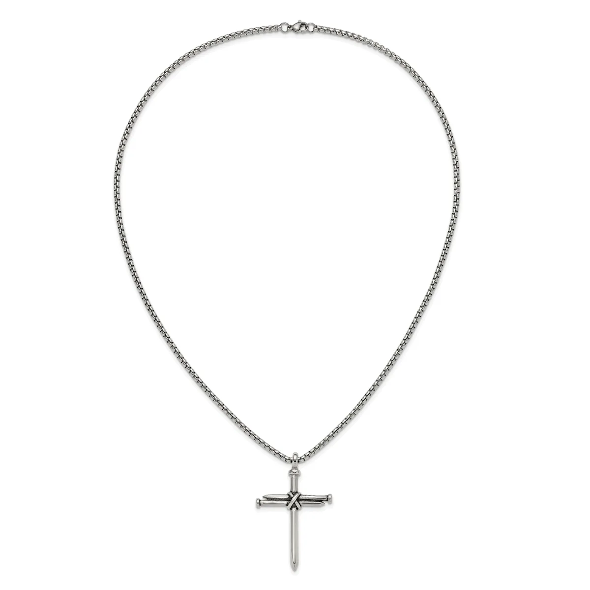 Silver-toned chain necklace with a decorative cross pendant featuring a small dark stone or detail at the center.