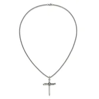 Silver-toned chain necklace with a decorative cross pendant featuring a small dark stone or detail at the center.
