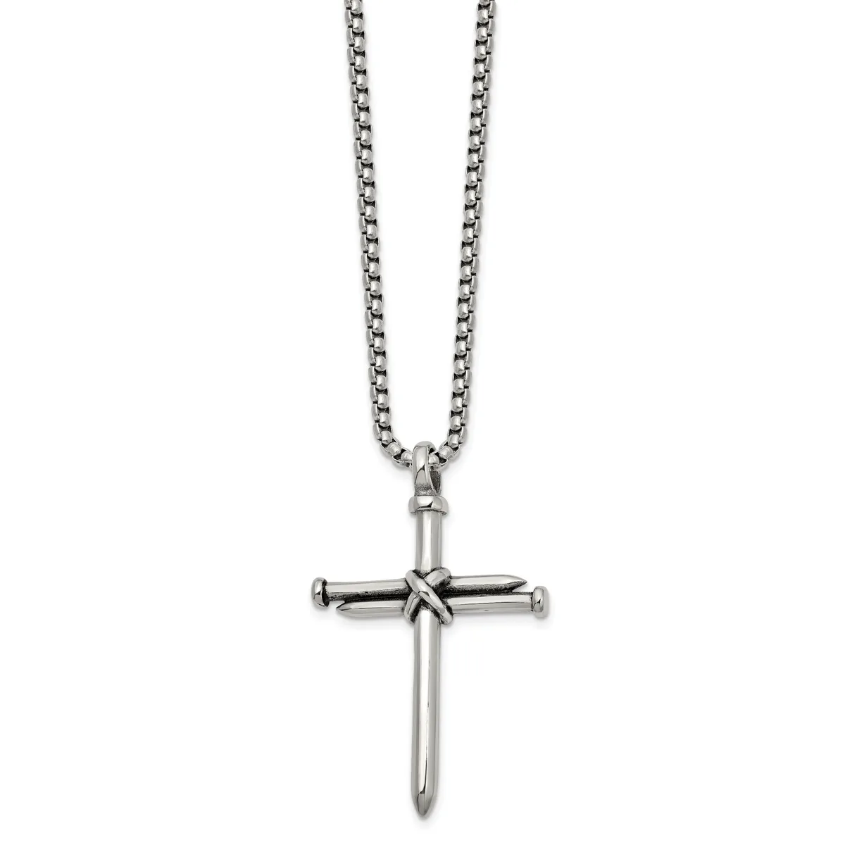 Silver-toned metal cross pendant with a wrapped center detail, suspended from a box chain necklace against a white background.