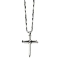 Silver-toned metal cross pendant with a wrapped center detail, suspended from a box chain necklace against a white background.