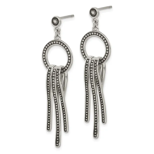 Pair of silver-tone dangle earrings with oval frames studded with small rhinestones and multiple beaded chains hanging below.