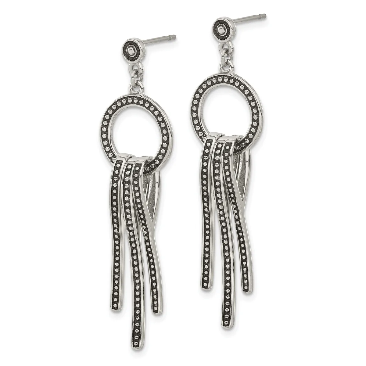 Pair of silver-tone dangle earrings with oval frames studded with small rhinestones and multiple beaded chains hanging below.