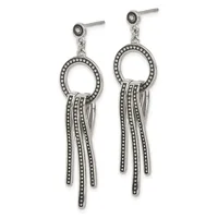 Pair of silver-tone dangle earrings with oval frames studded with small rhinestones and multiple beaded chains hanging below.