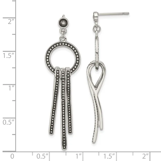 Two silver-tone dangle earrings with decorative beaded circles at the top and elongated tassel-like drops, displayed against a measurement ruler showing approximately two inches in length.
