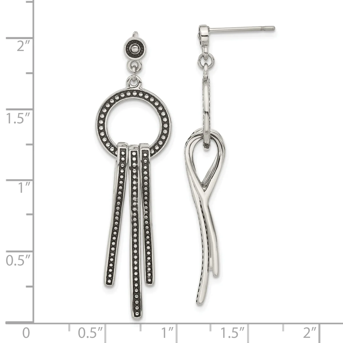 Two silver-tone dangle earrings with decorative beaded circles at the top and elongated tassel-like drops, displayed against a measurement ruler showing approximately two inches in length.