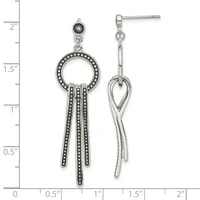 Two silver-tone dangle earrings with decorative beaded circles at the top and elongated tassel-like drops, displayed against a measurement ruler showing approximately two inches in length.