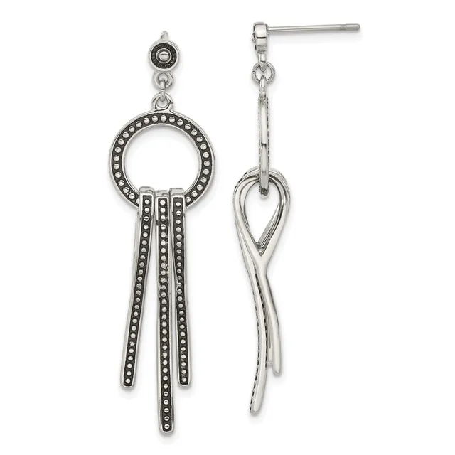 Pair of silver-toned dangle earrings with dotted circle tops and three beaded fringe strands on the left, smooth twisted design on the right.