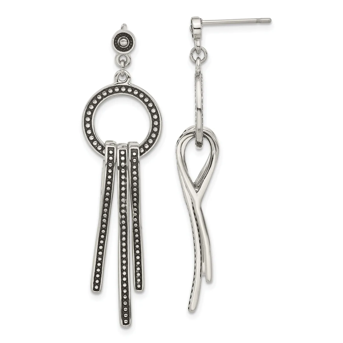 Pair of silver-toned dangle earrings with dotted circle tops and three beaded fringe strands on the left, smooth twisted design on the right.