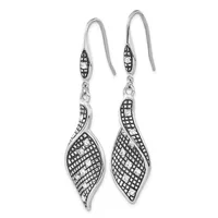 Pair of silver dangle earrings with textured leaf-shaped pendants set with small round stones, suspended from curved ear wires.