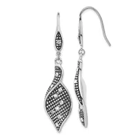 A pair of silver drop earrings with leaf-shaped pendants decorated with pave-set rhinestones in a geometric pattern, shown from front and back views.