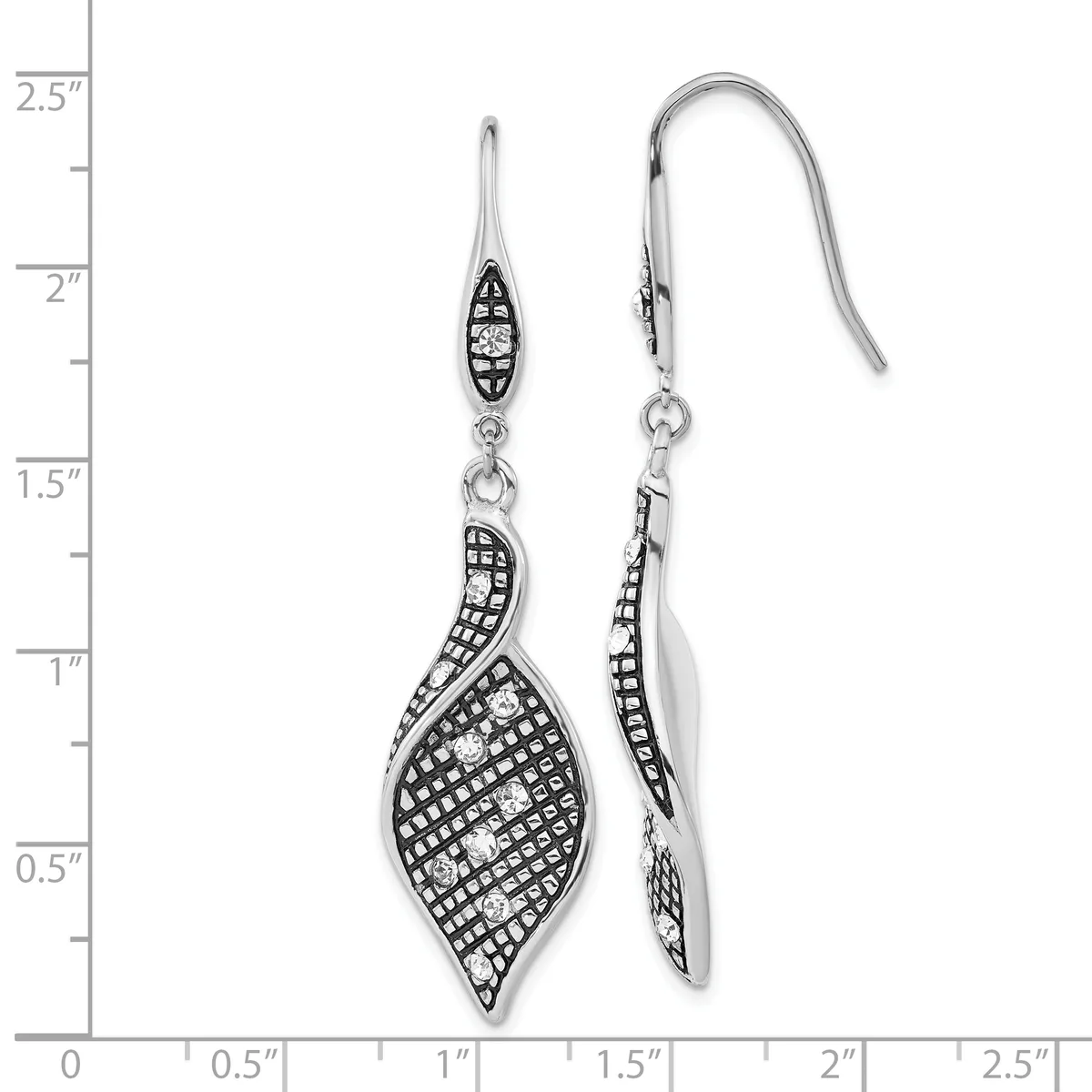 A pair of silver drop earrings with pave-set crystals in a twisted leaf design, shown front and back against a measurement scale.