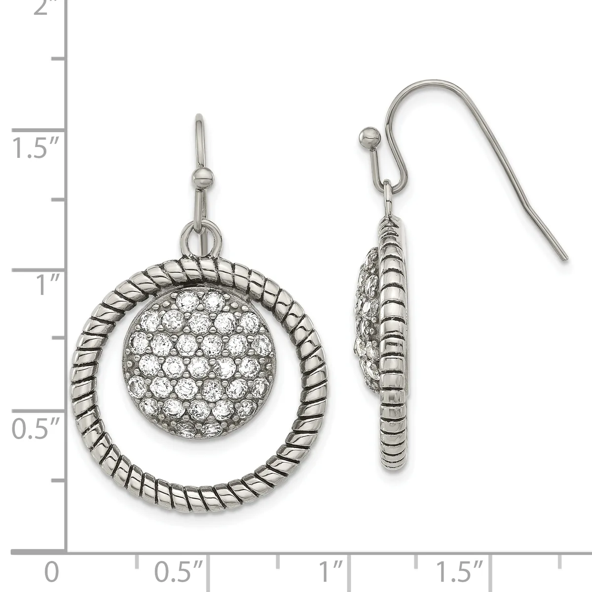 Silver-tone dangle earrings featuring a twisted rope circle outline with a crystal-paved sphere suspended inside, shown on a measurement scale.