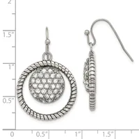 Silver-tone dangle earrings featuring a twisted rope circle outline with a crystal-paved sphere suspended inside, shown on a measurement scale.