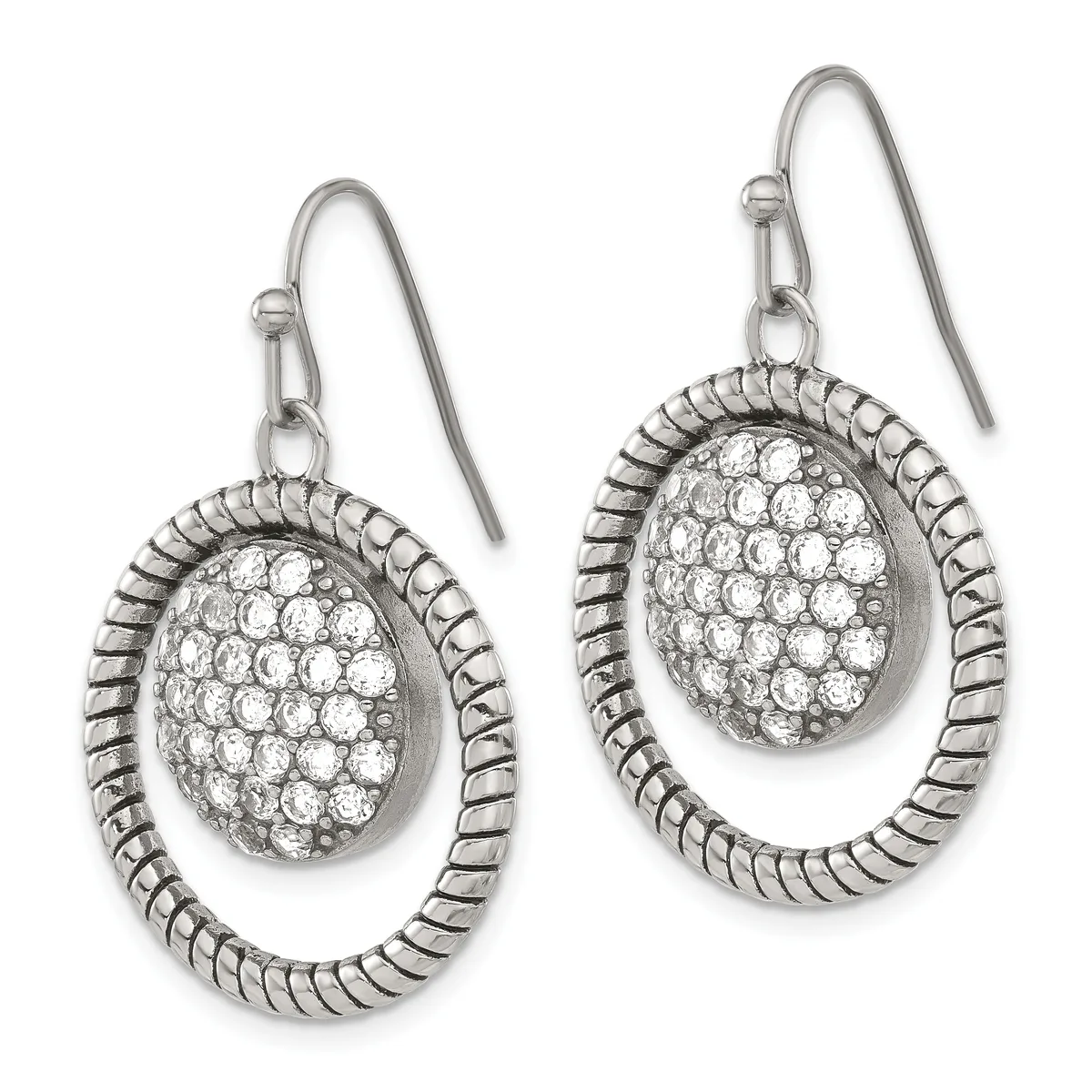 Pair of silver teardrop earrings with textured oval frames enclosing oval pavé crystal centers, suspended from hook wires.