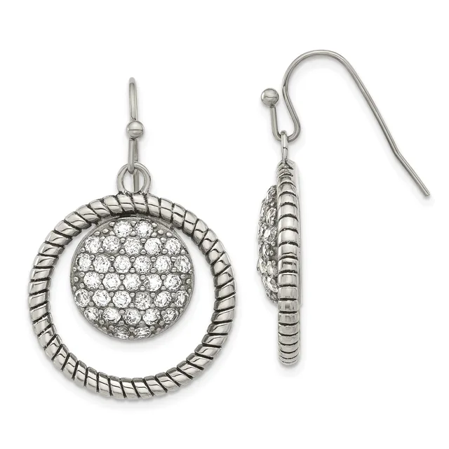 A pair of silver dangle earrings with twisted rope-textured circular frames surrounding crystal-studded spheres, shown from front and side views.