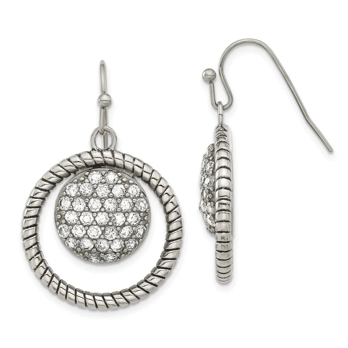 A pair of silver dangle earrings with twisted rope-textured circular frames surrounding crystal-studded spheres, shown from front and side views.