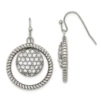 A pair of silver dangle earrings with twisted rope-textured circular frames surrounding crystal-studded spheres, shown from front and side views.