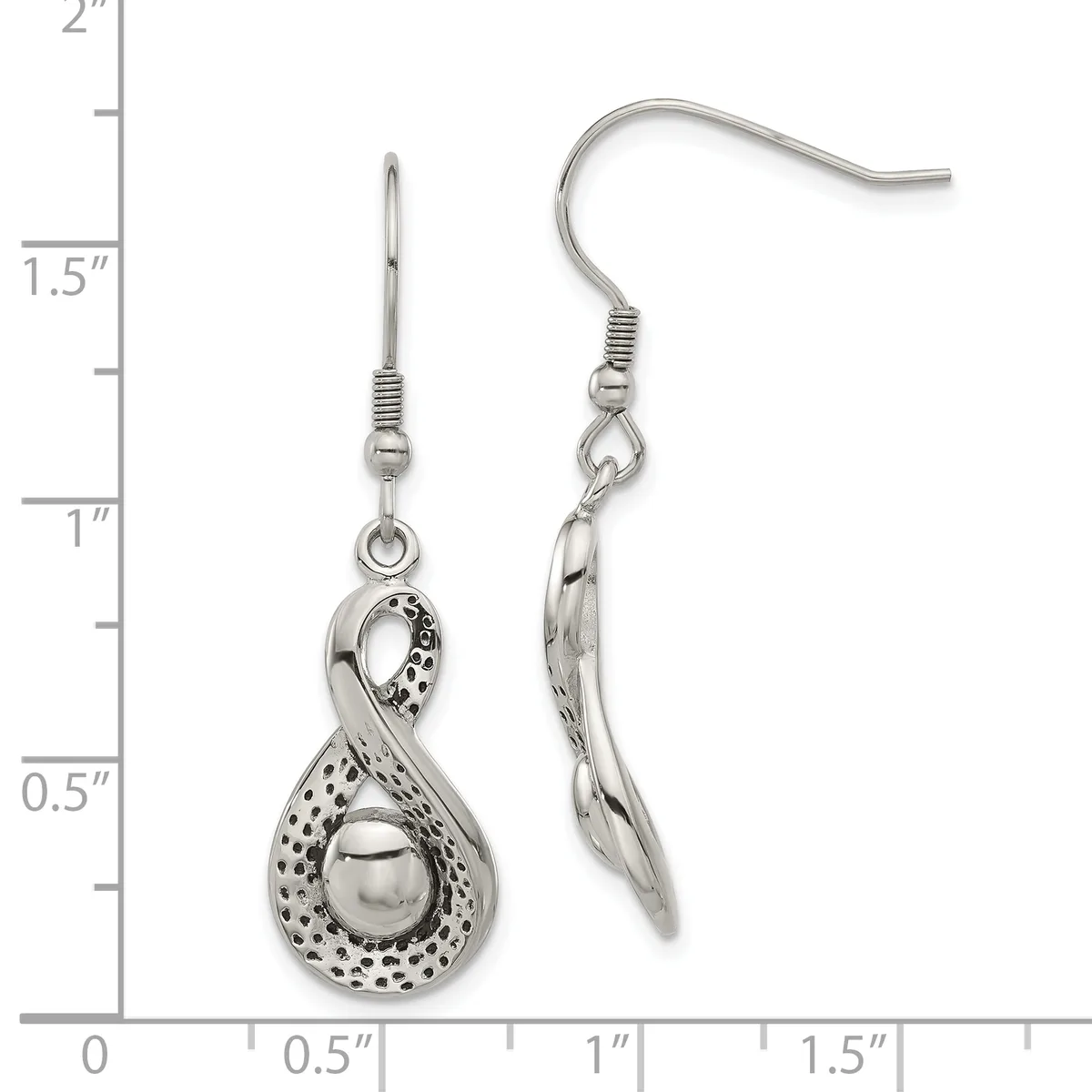 A pair of silver dangle earrings with textured teardrop pendants suspended from fish hook wires, displayed against a measurement ruler showing approximately 1.5 inches in length.