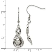 A pair of silver dangle earrings with textured teardrop pendants suspended from fish hook wires, displayed against a measurement ruler showing approximately 1.5 inches in length.