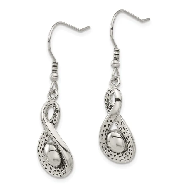 A pair of silver teardrop earrings with textured dot pattern detailing and smooth polished centers, suspended from silver fish hook wires.