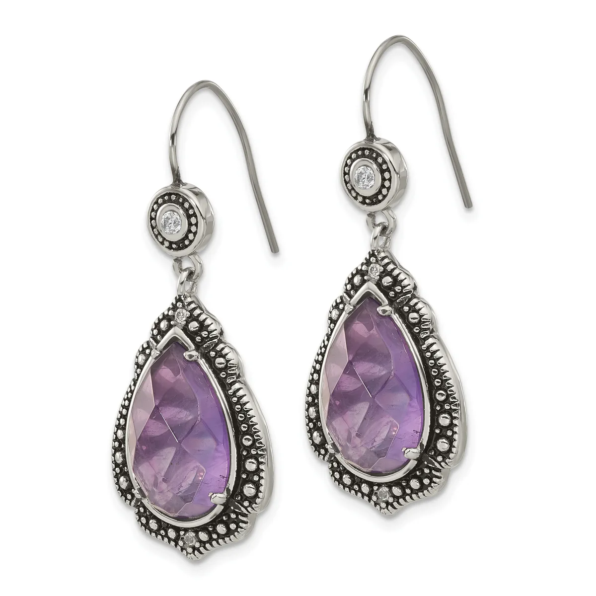 Pair of silver teardrop earrings with purple amethyst stones surrounded by ornate beaded borders, hanging from wire hooks with small circular diamond accents.