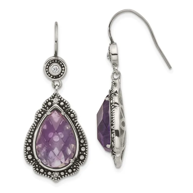 A pair of silver teardrop earrings with faceted purple amethyst stones surrounded by ornate beaded borders, shown from front and back views.