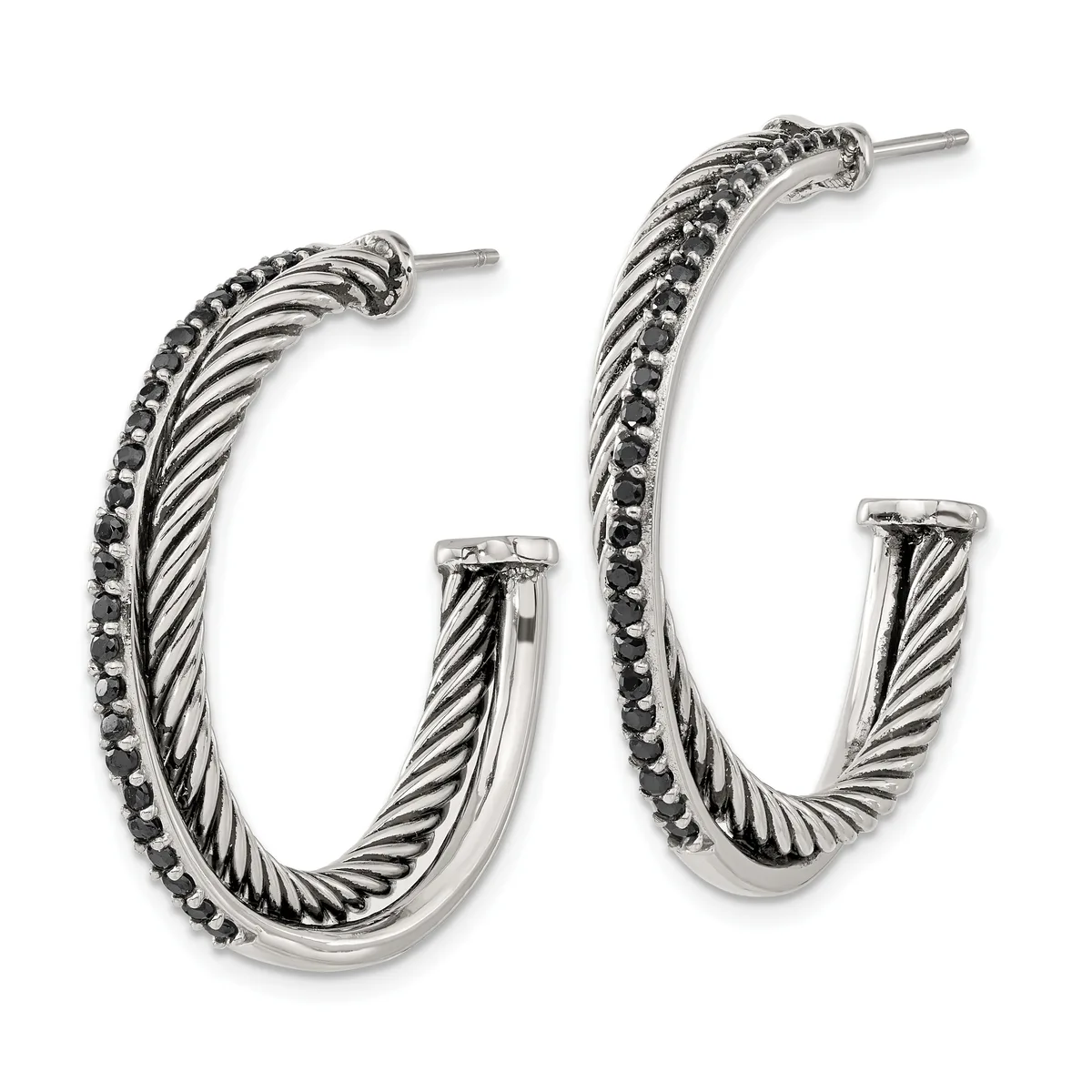 Pair of silver-toned hoop earrings with twisted rope texture and black gemstone accents along the outer edge, shown at different sizes.