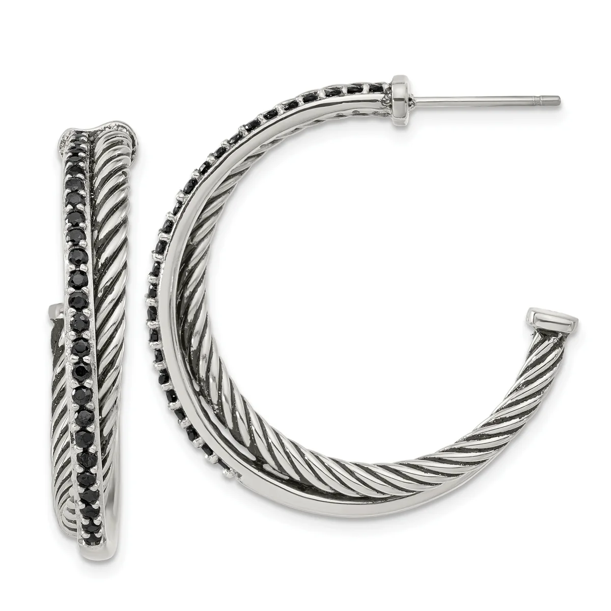 A pair of silver-toned hoop earrings with twisted rope texture and black gemstone accents along the outer edge, shown from front and side views.