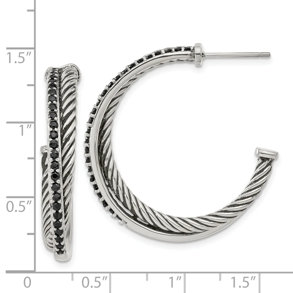 Silver twisted cable hoop earrings with black stone accents along the outer edge, shown with a measurement scale indicating approximately 1.5 inches in length.