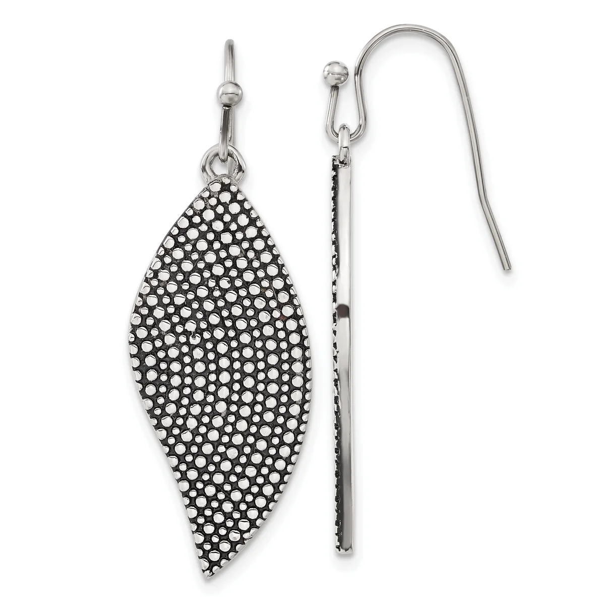 A pair of silver dangle earrings with leaf-shaped pendants covered in small round studs, shown front and back views with fish hook closures.