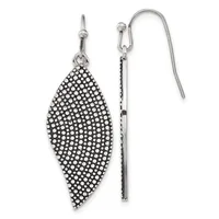A pair of silver dangle earrings with leaf-shaped pendants covered in small round studs, shown front and back views with fish hook closures.