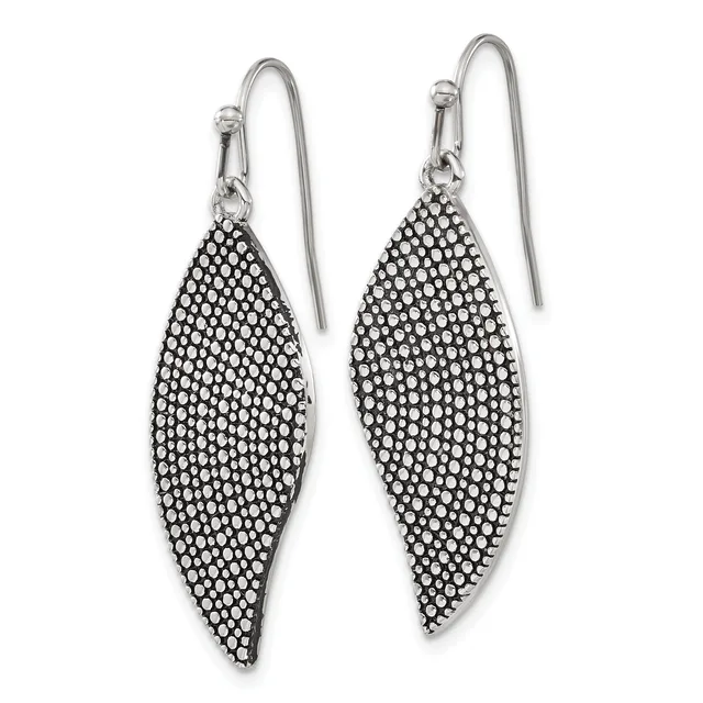 Pair of silver-toned fish-shaped drop earrings with crystal rhinestone pavé covering, suspended from curved wire hooks.
