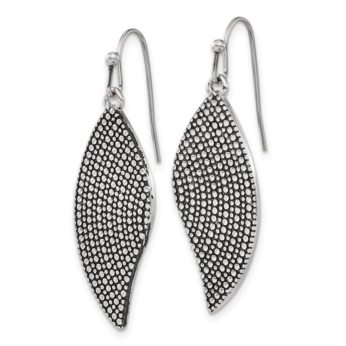 Pair of silver-toned fish-shaped drop earrings with crystal rhinestone pavé covering, suspended from curved wire hooks.