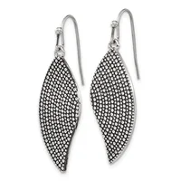 Pair of silver-toned fish-shaped drop earrings with crystal rhinestone pavé covering, suspended from curved wire hooks.