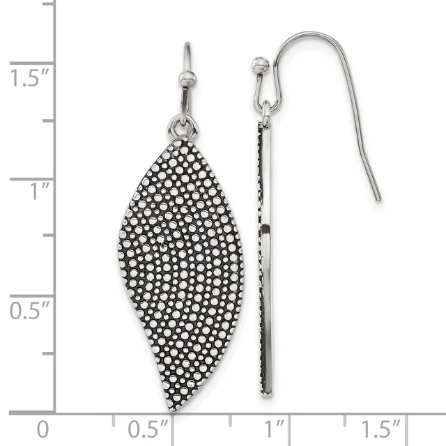 A pair of silver-toned drop earrings with textured leaf-shaped pendants covered in small round studs, displayed next to a measurement ruler showing approximately 1.5 inches in length.