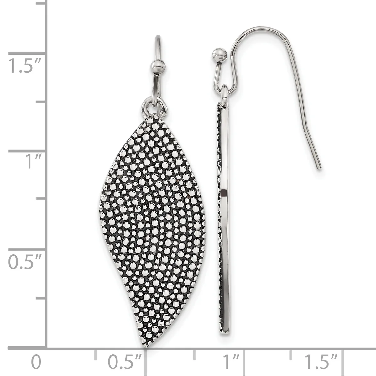 A pair of silver-toned drop earrings with textured leaf-shaped pendants covered in small round studs, displayed next to a measurement ruler showing approximately 1.5 inches in length.