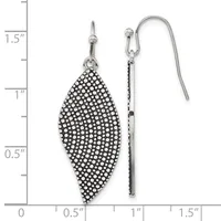 A pair of silver-toned drop earrings with textured leaf-shaped pendants covered in small round studs, displayed next to a measurement ruler showing approximately 1.5 inches in length.